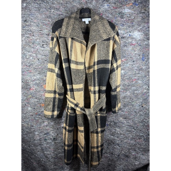 Liz Claiborne Coat Womens Large Black Tan Plaid Belted‎ Long Cardigan Jacket - Picture 1 of 11